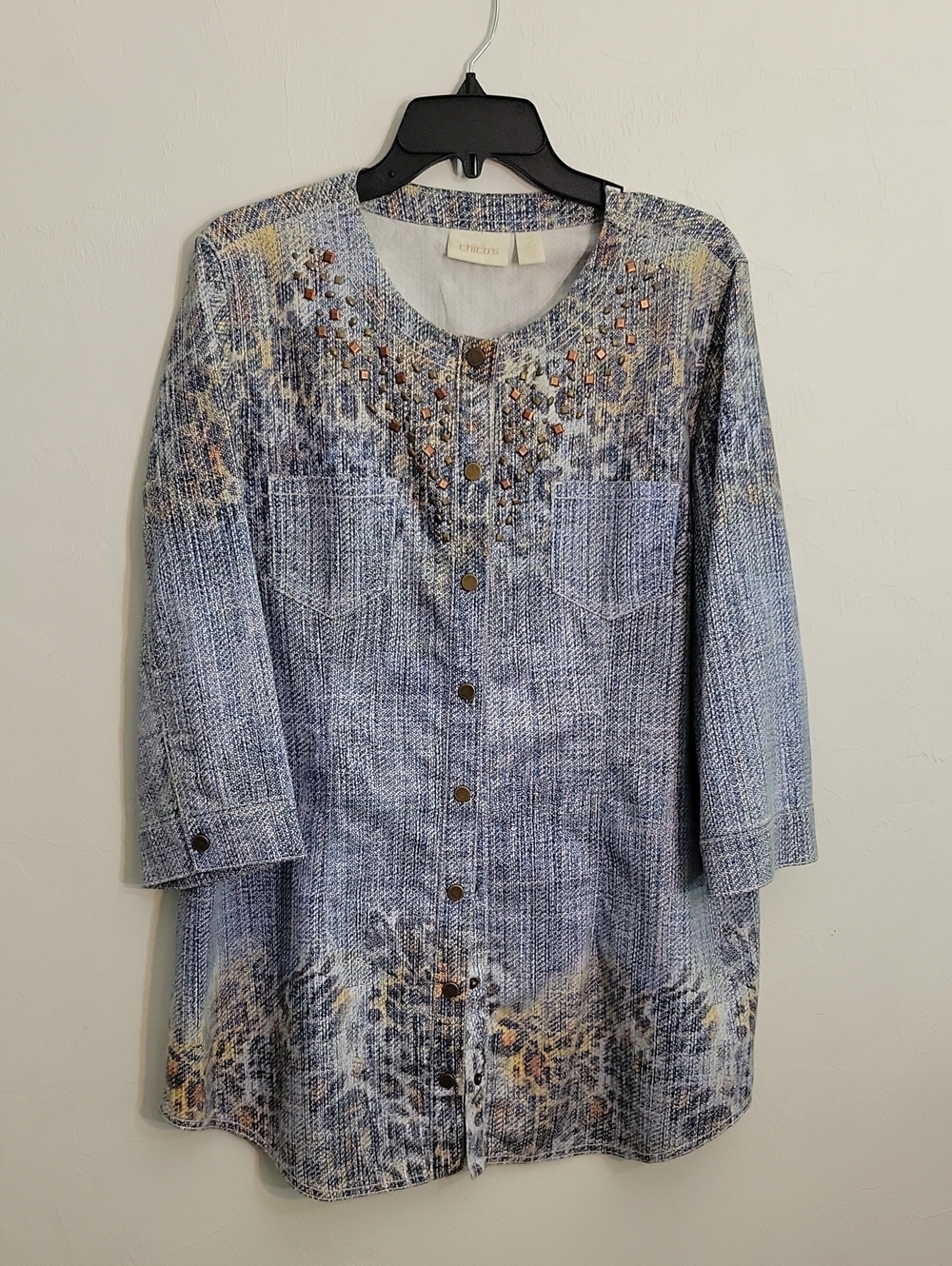 Chico's Light Blue Patterned Button-Front Tunic with Embellished Yoke